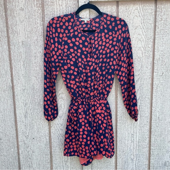 REBECCA MINKOFF ~ Indigo/Coral “Abby” Silk Romper ~ Abstract Polka Dots ~ Small - Picture 1 of 9